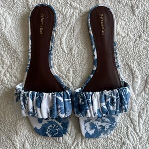 Reformation - Marcella Ruched Blue and White Floral Sandal Slides